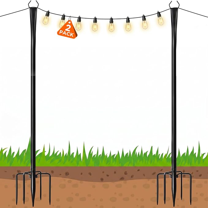 10FT String Light Poles, Heavy Duty Outdoor Light Pole Stand, 5-Prong Reinforced Steel Base, Anti-Rust, for Patio Garden Deck, Support Bistro & Edison Bulb Lights (2 Pack)