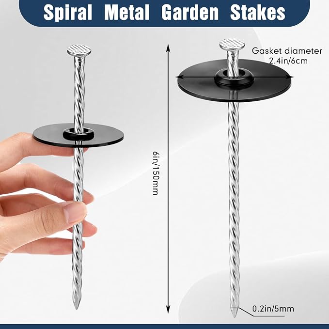 Nuenen 200 Sets Garden Stakes with Gasket Caps 6 in Galvanized Steel Turf Nails Spiral Landscape Stakes Heavy Duty Metal Turf Spikes for Artificial Grass Landscape Edging Weed Barrier
