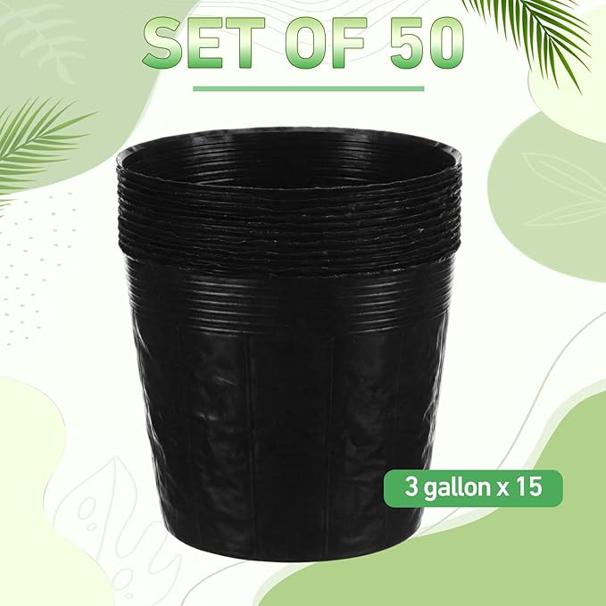 50 Pcs 3 Gallon Nursery Bags 12 Inch Soft Plastic Seedling Pots with Drainage Holes Bulk Seed Plant Bags for Large Flowers Trees Vegetables Indoor Outdoor Women Gardening Gifts, Black