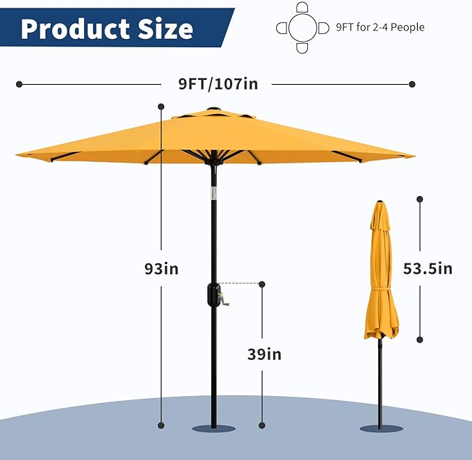 Garvee 9 ft Outdoor Patio Umbrella 8 Sturdy Ribs Outdoor Table Umbrella with Crank Lift & Push Button Tilt - UV Protection Waterproof Market Umbrellas for Pool, Deck, Yard, Garden, Yellow