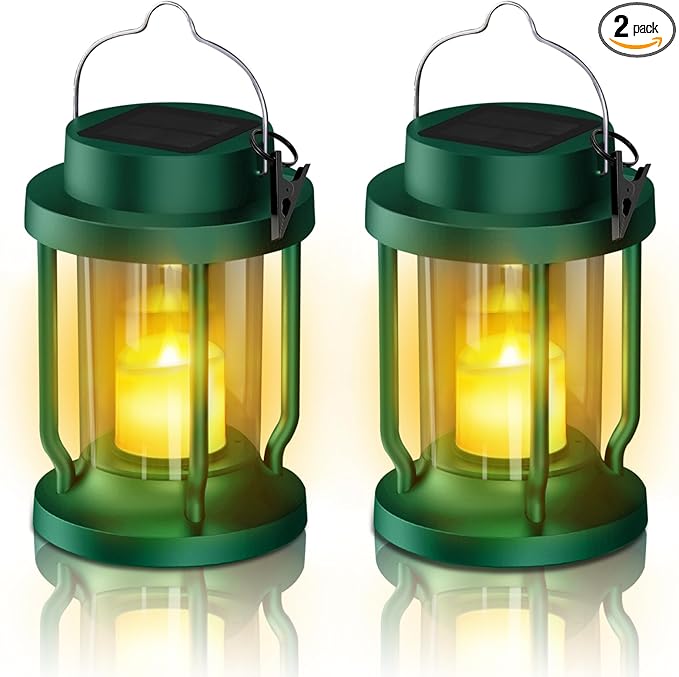 Solar Lantern Outdoor & Indoor Use – Hanging Solar Lights with Realistic Flickering Flameless Candle, Weatherproof for Gardens, Patios, Trees, and Lawns (Green, 2 Pack)