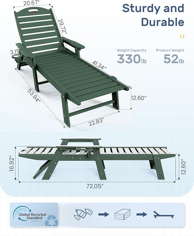 Chaise Lounge for Outdoor, Patio Lounge Chairs for Outside, Chaise Lounge Chair with 6 Positions, HDPE Lounge Chair with Cup Holder for Pool Poolside Deck Backyard Lawn, Green