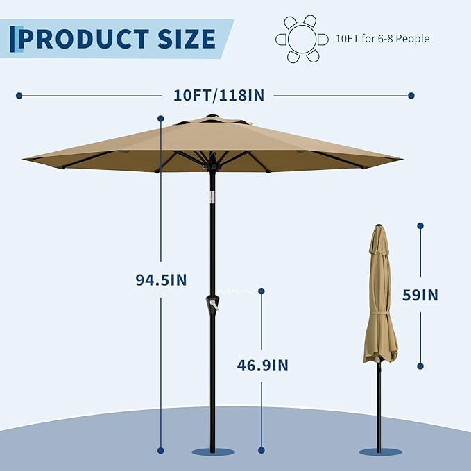GarveeLife 10FT Umbrella Outdoor Patio, Table Umbrella with Push Button Tilt and Crank, 8 Sturdy Ribs Waterproof UV Protection for Garden, Pool, Deck, Backyard, Market (Khaki)