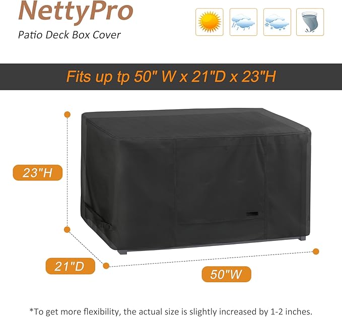 NettyPro Deck Box Cover Outdoor Waterproof Storage Bench Cover for Rectangular Deck Box, 50 x 21 x 23 inch, Black