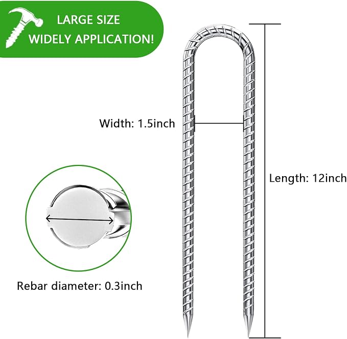 Trampoline Stakes Heavy Duty - 12 Inch U Shaped Garden Stakes 8mm Galvanized Steel Wind Stakes for Trampoline Safety Anti-Rust 6 Pack High Wind Rebar Stakes for Tent, Swing Set Fence
