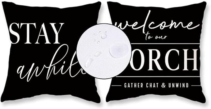 TAJWE Outdoor Pillow Covers Waterproof 18x18 Set of 2 Black and White Decorative Welcome to Our Porch Stay Awhile Cushion Cases for Patio Furniture Sofa Couch Decor