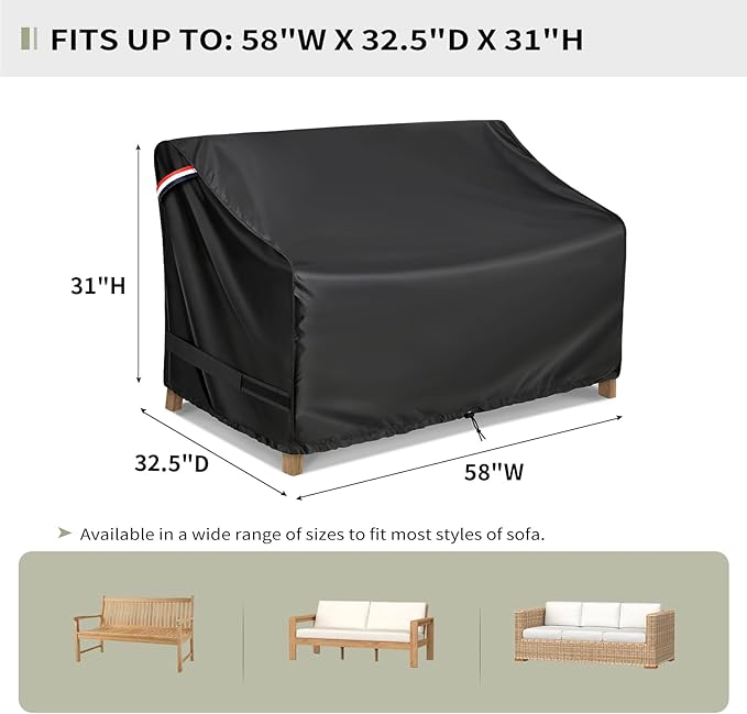 KylinLucky Heavy Duty Waterproof Patio Sofa Cover 58"x32.5"x31", All-Weather Outdoor Loveseat Cover with Air Vents & Adjustable Straps, Fits up to 58" Wide Couches, Black