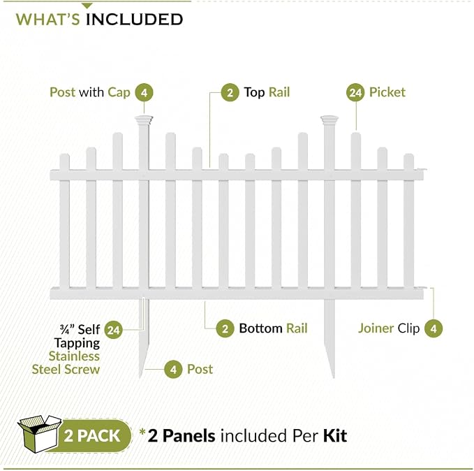 2.5ft H x 4.7ft W (2 Panels) No Dig Zippity Madison Fence Panel Kit, No Dig Panels, White Vinyl Fencing for Yard, Temporary Barrier for Backyard, White Picket Garden Border, DIY Enclosure ZP19001