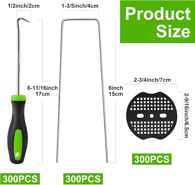 602 Pcs Landscape Staples Set 300Pcs 6 Inch Anti Rust Garden Stakes U Shaped Galvanized Garden Staple Landscaping Fabric Sod Pin with 300 Pcs Gasket 2 Pcs Pick Hook for Gardening Weed Barrier (Silver)