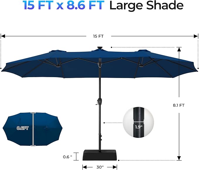 SUPERJARE 15ft Large Patio Umbrella with Base included, Double Sided Outdoor Umbrella with Solar Lights, Pool Umbrella with Fade Resistant Canopy for Deck, Porch, Yard, Balcony, Navy Blue