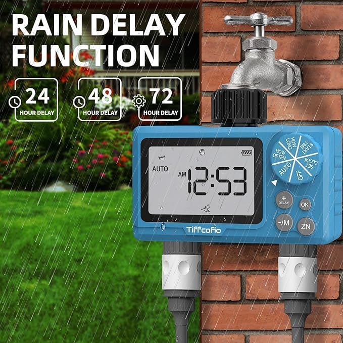 TiFFCOFiO Sprinkler Timer Outdoor, Digital Pogrammable for Garden Hose, Irrigrtion Timer with Rain Delay and Manual Mode (2 Oulets, 2 Packs)