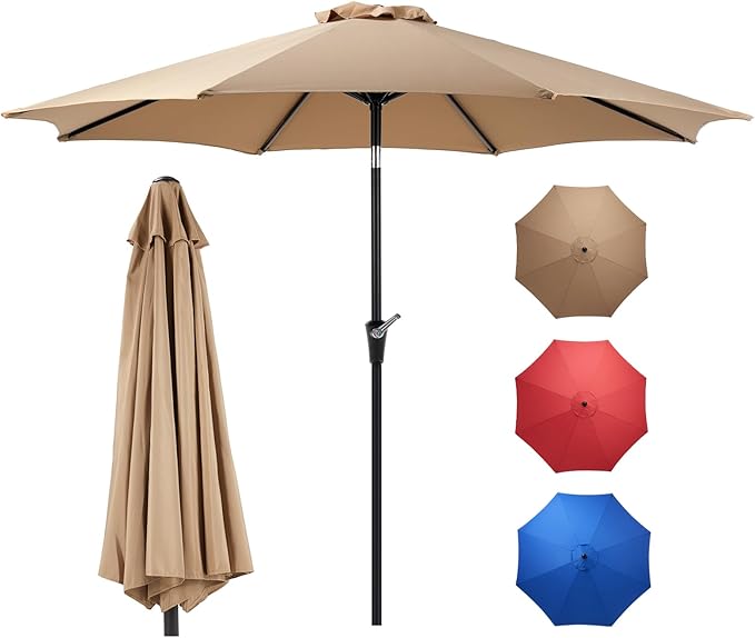 OLIXIS 9FT Patio Table Umbrella with Tilt and Crank Button & 8 Sturdy Ribs Waterproof, 9 Feet Outdoor Patio Umbrella Sun Shade for Poolside, Terrace, Beach and Restaurant, Khaki