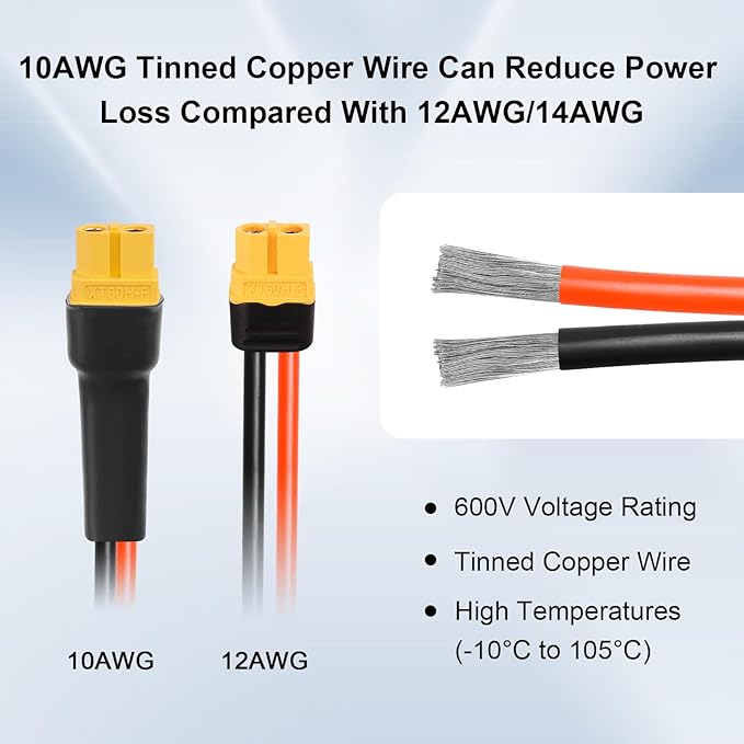 XT60 Extension Cable 15FT, 10AWG Tinned Copper Wire with XT60 Male to Female Connectors, Heavy-Duty Power Cord for RC Models, Drone, and Solar Applications