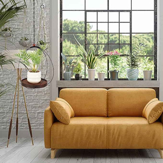 4pcs Circle Plant Hanger, Adjustable Height Hanging Planters with Sturdy Wooden Base & Planter Basket Holder, Modern Boho Flower Pot Plant Display Decor for Indoor Wall Ceiling Window