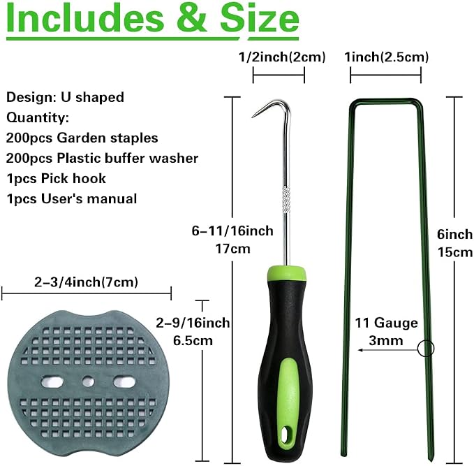 Bakulyor 200pcs Green Artificial Turf Stakes Staples + 200pcs Buffer Washer, 6 Inch 11 Gauge Landscape Staples, Galvanized Lawn Spikes, Heavy Duty Yard Ground Pin for Grass Weed Barrier Sod Fabric