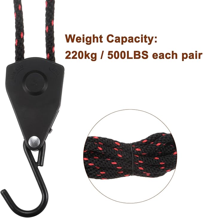 uxcell 3/8" (10mm) Adjustable Rope Hanger with 9.8ft (3meter) Ratchet Tie Down Strap, Ratcheting Pulley System Bungee Cord for Hanging Plants Grow Light and Various Tie-Down Uses