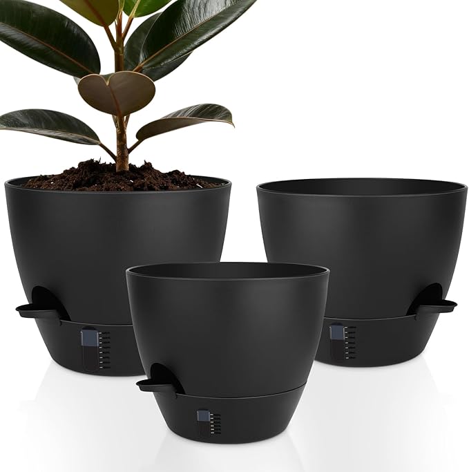 QRRICA 12/10/9 Inch Self-Watering Plant Pots with Water Level Indicator, Drainage Holes & Saucers – Large Plastic Planter Set for Indoor & Outdoor Plants (Pure Black)