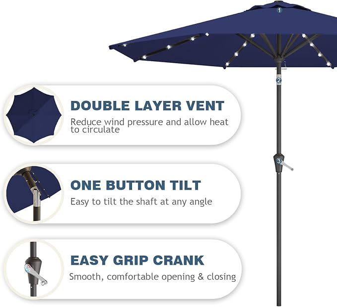 9FT Patio Umbrella with Solar Lights,Outdoor Market Umbrella with Tilt and Crank, LED Lighted Table Umbrella for Garden,Deck,Backyard,Pool,Beach