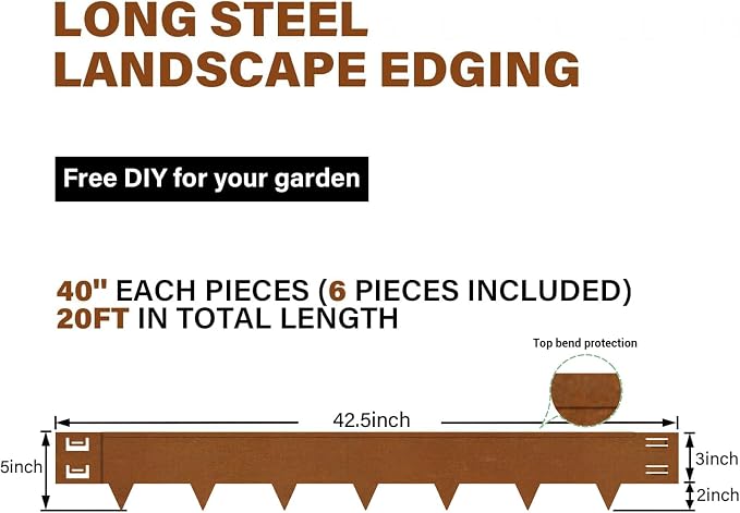 Cor-Ten Steel Landscape Lawn Edging, 40" L x 5" H,6 Pack Steel Edging for Landscaping,Metal Landscape Edging, Metal Edging for Landscaping(180 Degree Bend, Rusted)