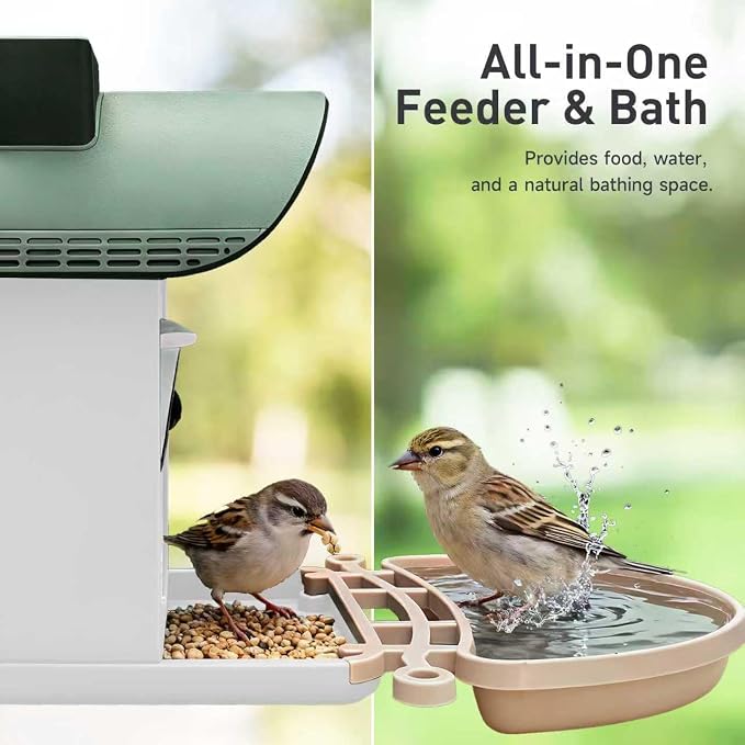 ChirpingPal™ AI Smart Bird Feeder with Camera | 2.5K HD Live View & Photos | Night Vision | 10,000+ Species ID | Solar-Powered with Built-in Battery | with Bird Bath Kit | Green & White