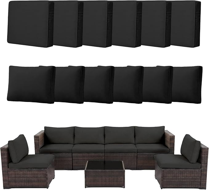 12pcs Outdoor Patio Cushion Covers Replacement, 25.6" Zippered Outdoor Cushion Covers Waterproof, UV Resistant & Washable Patio Furniture Cushion Covers Waterproof for Patio Sectional, Black