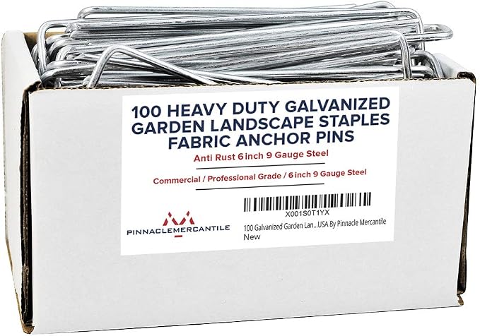 Pinnacle Mercantile Garden Stakes 6 Inch 9 Gauge Galvanized Steel Landscape Staples, Heavy Duty Landscape Fabric Stakes 100 Pack for Weed Barrier, Sod, Edging, Fencing and Drip Irrigation Made in USA