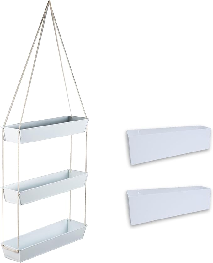 LaLaGreen Bundle- 2 Pack, 16 Inch Rectangular Metal Pot + 16 Inch Three Tier Hanging Planter Vertical Floating Large Shelf Indoor Outdoor Window Boxes Modern Boho Style Plant Holder Wall Mount Decor