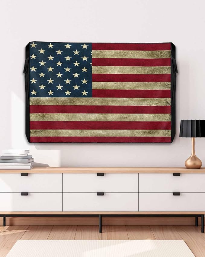 Vintage American Flag Outdoor TV Cover - 52-55 Inch Weatherproof, Retro Blue Red TV Enclosure with Zipper & Roll Up Front Flap