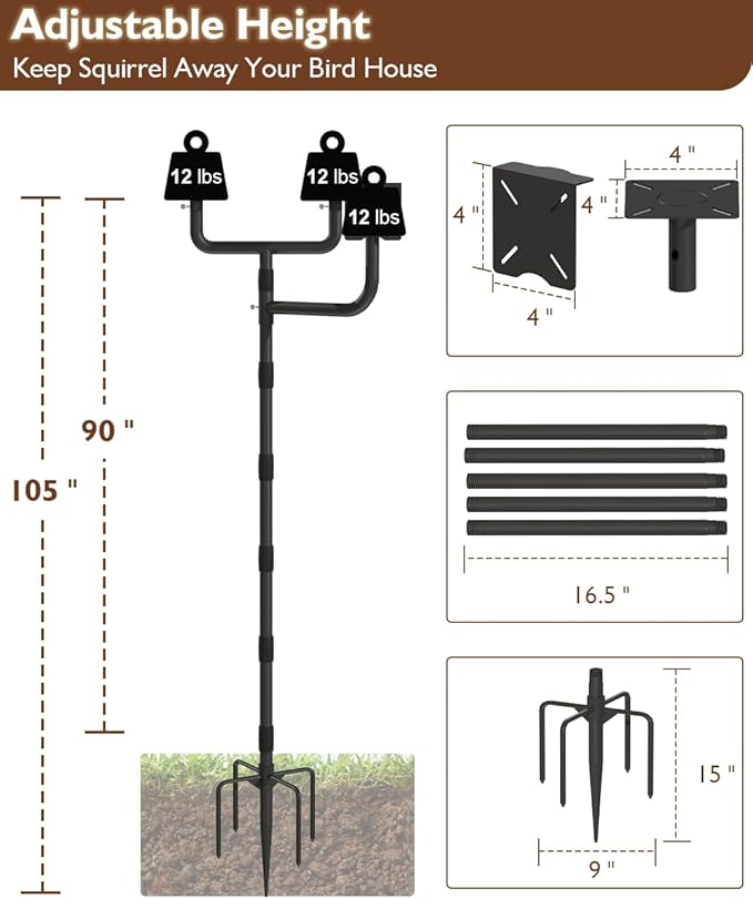 Garbuildman Upgraded Smart Bird Feeder Pole for 3 Birdhouses with Reinforced 5-Prong Base, Adjustable Birdhouse Pole for Outdoors, 3-in-1 Bird Feeder Stand Mounting Kit for Wild Birds Watching, Black