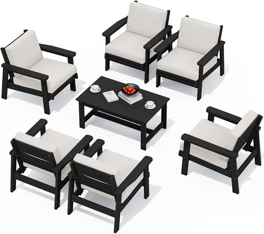 SERWALL Patio Conversation Sets, 7 Piece, Black Frame with Khaki Cushions