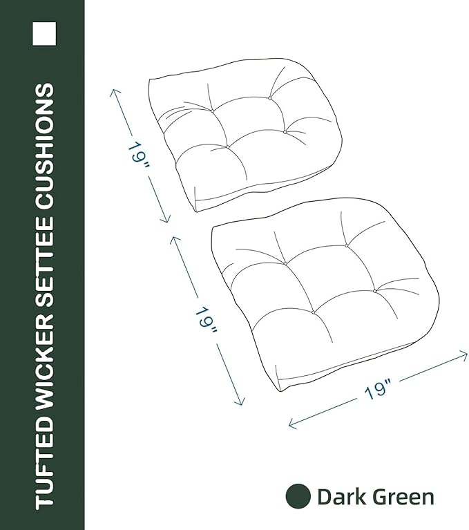 Outdoor Chair Cushions Set of 2, 19x19x4 Inch Seat Pads with Ties for Patio Wicker Chairs Garden Dining Chair, Indoor Outside Use, Fade-Resistant & Waterproof, Dark Green
