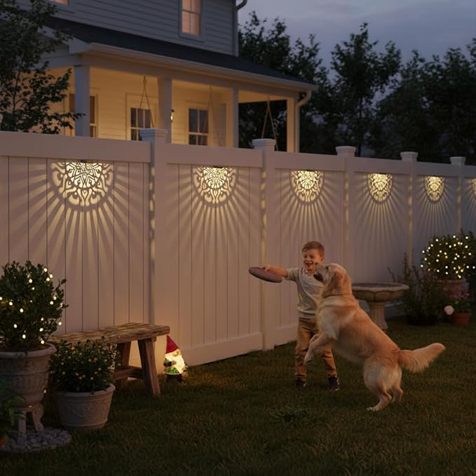 6 Pack Solar Fence Lights Outdoor Wall Lights Plastic Solar Powered Deck Step Stair Lights Mandala Theme Waterproof Fence Solar Light for Garden Post Patio Yard Decor, Gardening Gifts for Women Mom