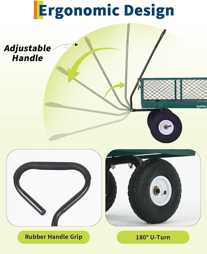 Garvee Versatile Outdoor Utility Cart - 800LBS Heavy-Duty, 10" All-Terrain Pneumatic Tires, Easy Maneuverable Lawn Cart with Removable Mesh Panels for Gardening & Landscaping, Green