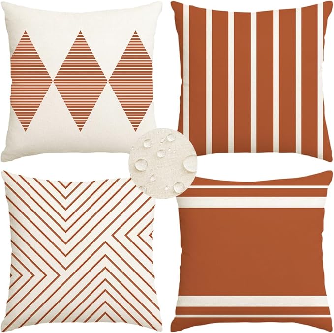 RABUSOFA Outdoor Pillows Covers 20x20 inch Waterproof,Fall Rust and Beige Boho Cushion Cases Set of 4 for Patio Furniture Sunbrella Couch(2R-20) (Rust and Beige, 20" x 20" Pack of 4)