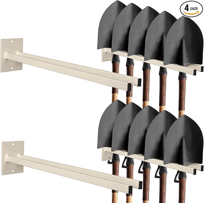 Zonon 4 Pcs Extra Long Tool Rack for Shovels Spades Rakes Brooms Shovel Holder for Truck and Shovel Rack Heavy Duty Powder Coated Steel Wall Mount Storage Organizer Garage and Shed (Beige)