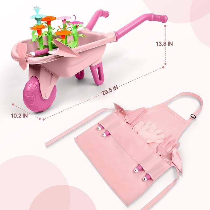 Qtioucp 16Pcs Kids Gardening Tools Outdoor Toys Set Backyard Play with 93 PCS DIY Flower Garden Building Preschool Activities (Pink)