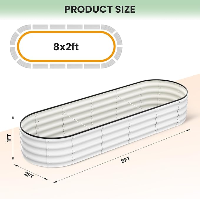 CABIHOME Garden Raised Garden Bed Kits, 8x2x1 ft Metal Raised Planter Bed, Open-Ended Base Garden Boxes Outdoor Galvanized Planter for Vegetables Flowers Rubber Edge, White