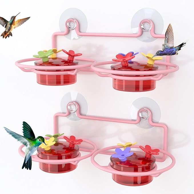 Dreamdrawer 2 Pack Window Hummingbird Feeder, Small Hummingbird Feeder for Outdoors with Strong Suction Cup - Metal Base & 6 Feeding Ports, Easy to Clean and Refill, Pink