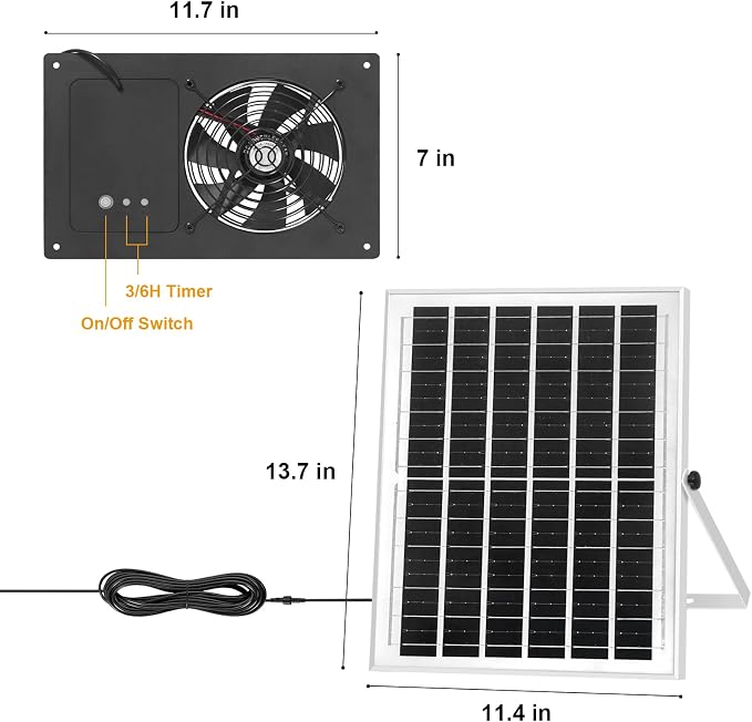 Solar Fan for Chicken Coop with 16.4Ft Cable,3/6H Timer, Waterproof Greenhouse Fans for Shed, Chicken Coop,Ventilation