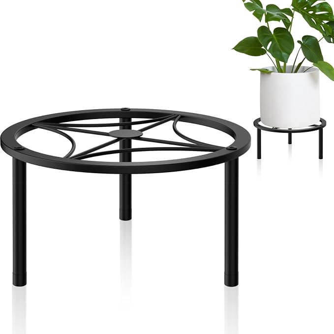 TOSKING Heavy Duty Metal Plant Stand - 9" Round Geometric Pattern, Adjustable Non-Slip Leveling Feet, Rustproof, Decorative Display Shelf for Small to Medium Plants, Indoor/Outdoor, Black (9"Dia x 5.2"H)