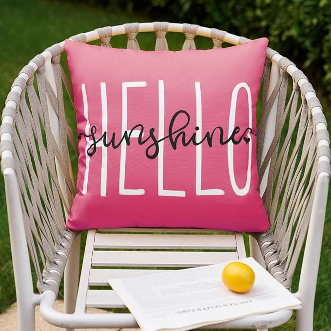 DFXSZ Outdoor Pillow Covers 20x20 Inch Set of 2 Hello Sunshine Decor Hot Pink Waterproof Throw Pillow Covers Summer Outdoor Waterproof Pillow Covers Decor for Patio Funiture Garden Sofa Couch 020H20
