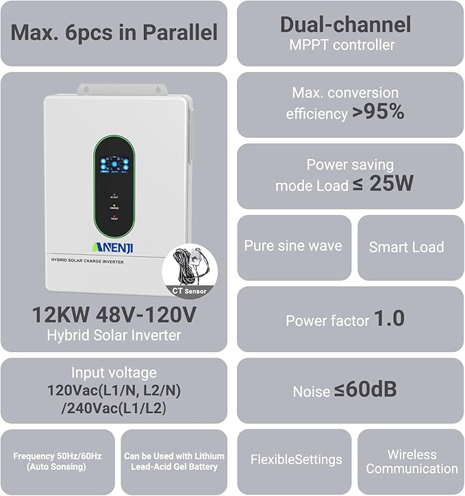12000W Hybrid Solar Inverter 48V,120/240V Split-Phase,Dual MPPT Max. 220A Battery Charging,Parallel 6 Units,Pure Sine Wave,Off+On-Grid Inverter for Home Loads Safe and efficient UL1741 Certification