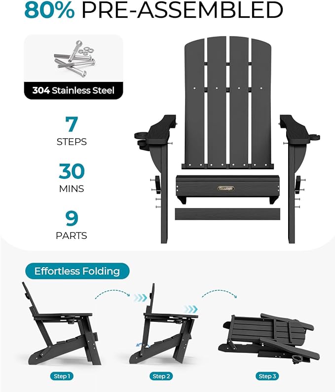 Folding Adirondack Chair 6 Pack, HDPE All-Weather Fire Pit Chairs, Plastic Adirondack Chairs with 2 Cup Holder, Outdoor Lawn Chair for Patio Garden (Black)