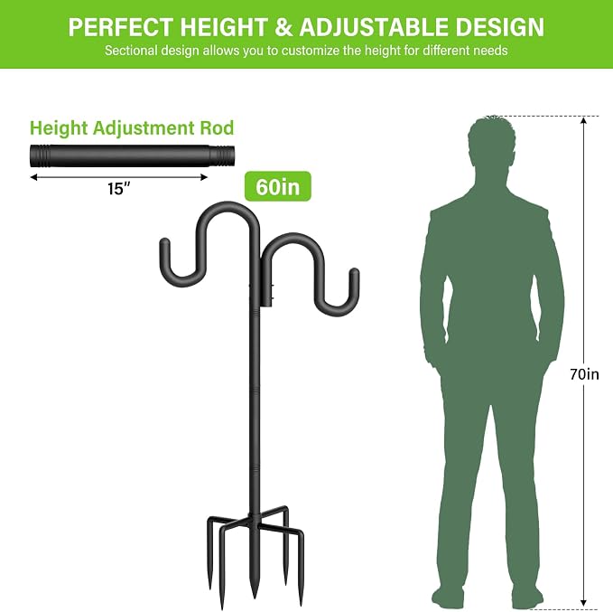 Double Shepherd Hook for Outdoor, 60" Heavy Duty Bird Feeder Pole with 5-Prong Base, Adjustable Thickened Shepherd Hook for Bird Feeder, Flower Baskets, Solar Lights, Lanterns, Black, 1 Pack