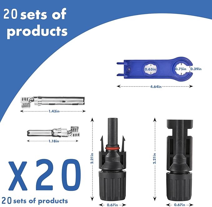 40 PCS Solar Connectors, Male/Female Waterproof IP67, MC4 1000V 30A, (20Pairs) Solar Panel Cable Connectors with 2 Spanners(10AWG)