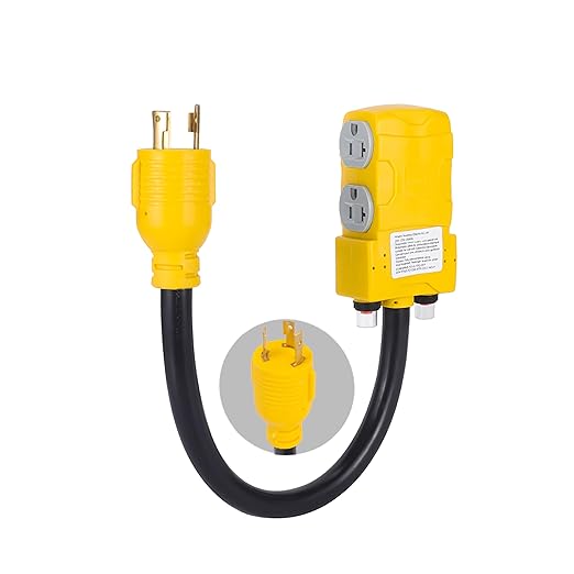 Heavy Duty 30Amp to 20 Amp 125V RV Distribution Adapter. Generator Locking Plug NEMA L5-30P Male to Female Receptacle 4*5-20R/5-15R with Circuit Breaker.RV Generator Adapter Cord 1.5FT，Yellow