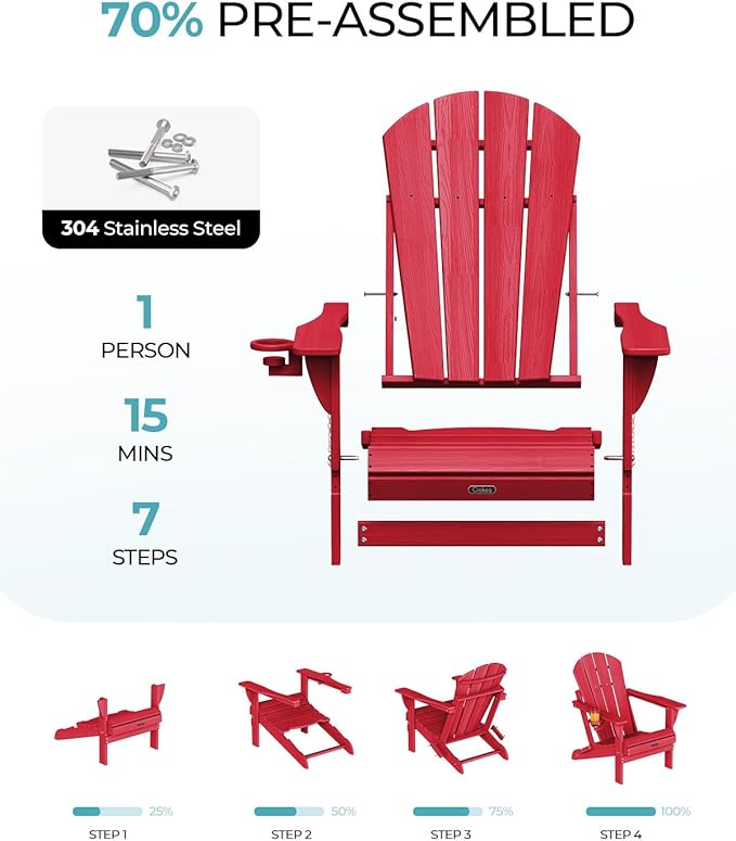 Ciokea Folding Adirondack Chair Wood Texture, Patio Adirondack Chair Weather Resistant, Plastic Fire Pit Chair with Cup Holder, Lawn Chair for Outdoor Porch Garden Backyard Deck (Red)