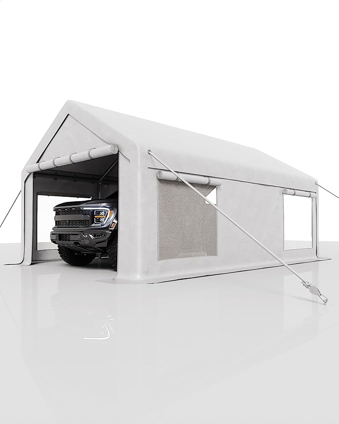 GarveeHome 12x20 ft Carport, 200g PE Tarp Car Port with Roll-Up Doors & 4 Windows, Reinforced Galvanized Steel Frame, for Full-Size Pickups, SUVs, Boats, Tractors, White