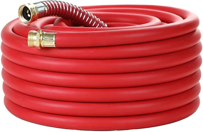 Guitrees 50FT 5/8 Heavy Duty Rubber Garden Hose - 300psi Working, 1000psi Burst - Hot/Cold Water - Five-Layered Braiding for Durability - Versatile for Gardening, Agriculture, Construction(Red)