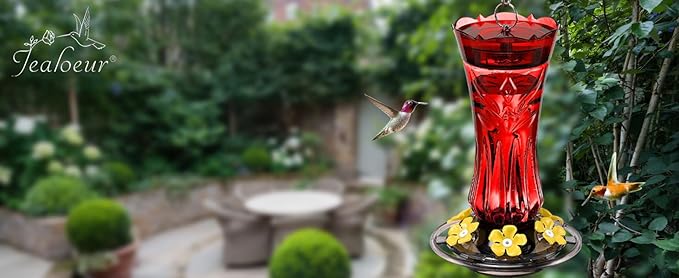 Jealoeur Hummingbird Feeders for Outdoors, Durable Hanging Humming Birds Feeders with 6 Bee Guard Feeding Ports & Built-in Ant Moat, Easy to Clean, Ideal for Garden Decor, 18 OZ, (1, Red)
